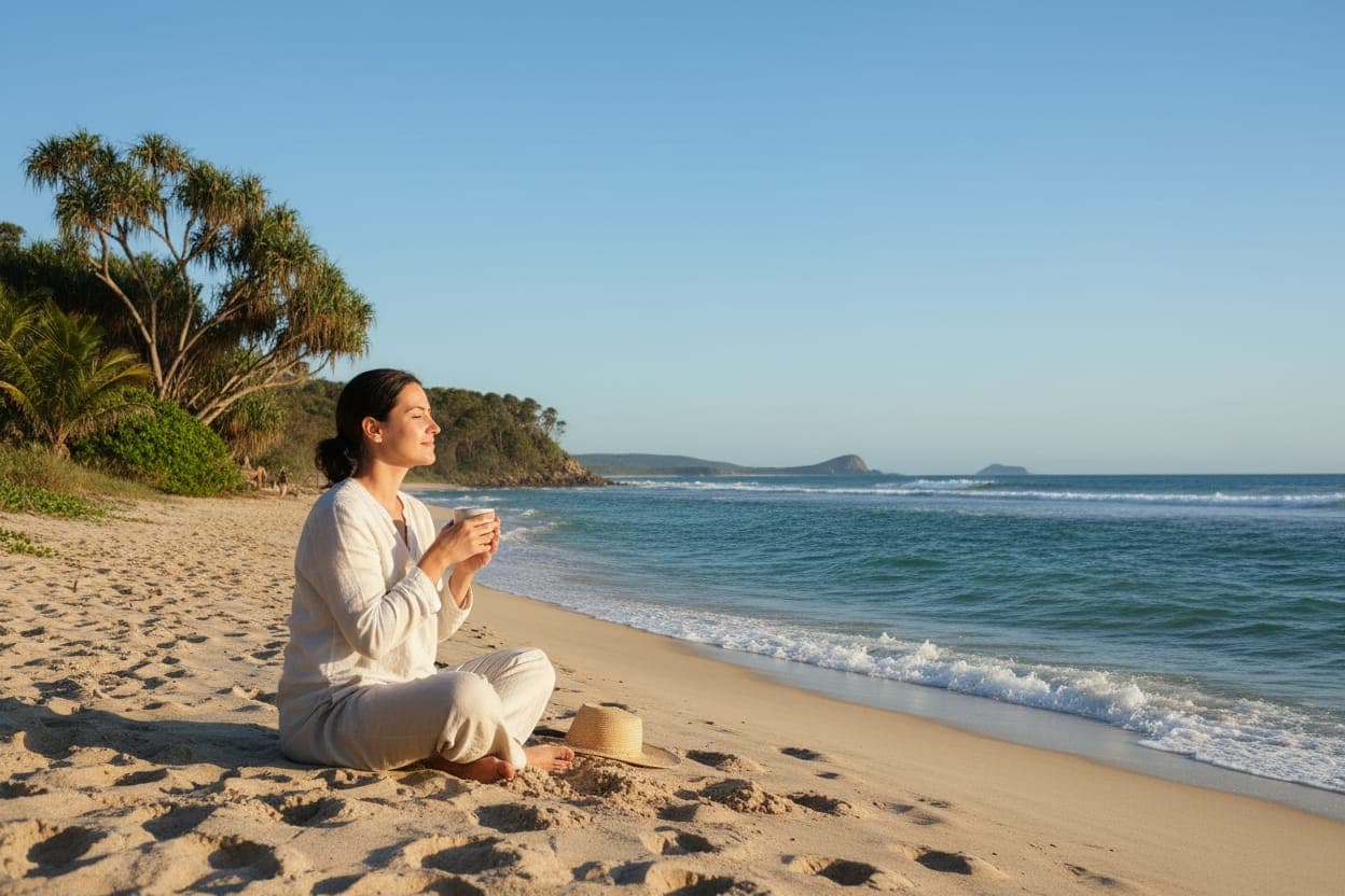 A woman sits on the sand with a coffee, looking out over the ocean at sunrise on North Stradbroke Island